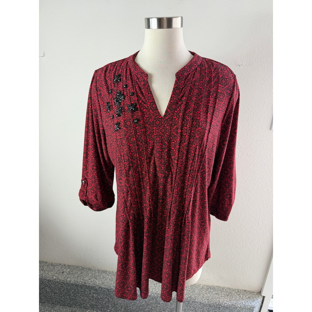 Westport Womens Plus 1X Red Black Geometric Beaded Tunic Top 3/4 Roll Tab Sleeve